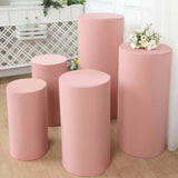 Set of 5 | Dusty Rose Cylinder Stretch Fitted Pedestal Pillar Prop Covers, Display Box Stand Covers