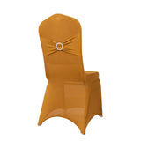 Gold Spandex Banquet Chair Cover with Silver Rhinestone Buckled Sash Band, Stretched#whtbkgd