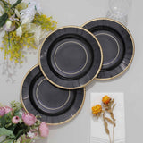 25 Pack | 8inch Black Sunray Gold Rimmed Dessert Appetizer Paper Plates, Disposable Party Plates