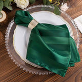 5 Pack Hunter Emerald Green Striped Satin Linen Napkins, Wrinkle-Free Reusable Wedding Napkins