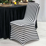 Black/White Striped Spandex Stretch Banquet Chair Cover, Fitted Chair Cover With Foot Pockets