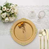 10 Pack | 10inch Gold Leaf Embossed Baroque Plastic Dinner Plates, Vintage Round Dinner Plates