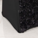 Black Satin Rosette Spandex Stretch Banquet Chair Cover, Fitted Slip On Chair Cover