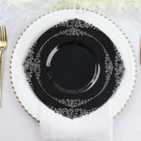 10 Pack | 8inch Black Silver Leaf Embossed Baroque Plastic Salad Dessert Plates