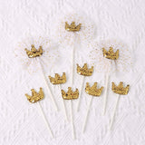 9 Pack | Gold Sequin Crown & Tutu Cupcake Cake Toppers, Princess Party Decor Supplies