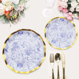 25 Pack | 8inch White / Blue Chinoiserie Disposable Salad Plates With Gold Wavy Rim Floral