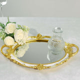 Metallic Gold/White Oval Resin Decorative Vanity Serving Tray, Mirrored Tray with Handles