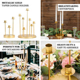 Metallic gold taper candle holder centerpiece for weddings and dinner tables