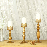 Set of 3 | Antique Gold Lace Hurricane Glass Pillar Candle Holders - 12inch/14inch/17inch