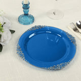 10 Pack Transparent Navy Blue Disposable Party Plates with Silver Leaf Embossed Baroque Rim