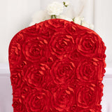 Red Satin Rosette Spandex Stretch Banquet Chair Cover, Fitted Slip On Chair Cover