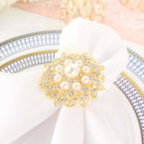 4 Pack | Pearl And Diamond Rhinestone Flower Gold Metal Napkin Rings