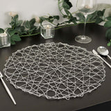 6 Pack | 15inch Silver Metallic String Woven Placemats, Round Table Mats