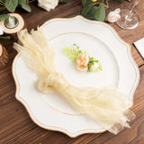 5 Pack Champagne Sheer Crinkled Organza Dinner Napkins, Premium Shimmer Decorative Wedding Napkins