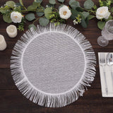 4 Pack White Rustic Farmhouse Burlap Tassel Dining Table Mats, 16inch Round Boho Chic Jute Fringe