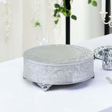 14inch Round Silver Embossed Cake Stand Riser, Matte Metal Cake Pedestal