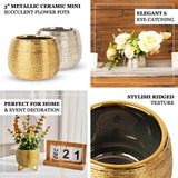 4 Pack | 3inch Gold Textured Ceramic Indoor Planters Pots, Round Brushed Flower Vases