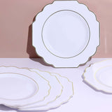 11inch White Hard Plastic Dinner Plates, Disposable Tableware, Baroque Heavy Duty Plates Gold Rim