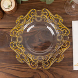 10 Pack Clear Gold European Style Disposable Dinner Plates Vintage Baroque With Scalloped Rim