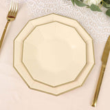 25 Pack | 7inch Beige Gold Foil Rim Geometric Appetizer Paper Plates, Decagon Dessert / Salad Plates