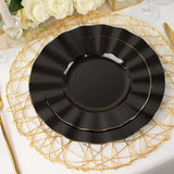 10 Pack | 11 Black Disposable Dinner Plates With Gold Ruffled Rim, Round Plastic Party Plates