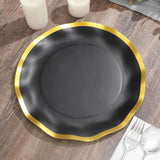 25 Pack | 10inch Matte Black / Gold Wavy Rim Disposable Dinner Plates, Round Paper Party Plates