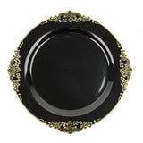 10 Pack | 10inch Black Gold Leaf Embossed Baroque Plastic Dinner Plates