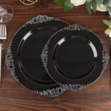 10 Pack | 8inch Black Silver Leaf Embossed Baroque Plastic Salad Dessert Plates