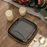 10 Pack | 7inch Black with Gold Rim Square Plastic Salad Party Plates, Dessert Appetizer Plates