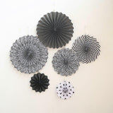 Set of 6 | Black | White Paper Fan Decorations | Paper Pinwheels Wall Hanging Decorations Party Backdrop Kit | 8" | 12" | 16"