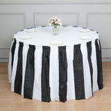 14FT 10 Mil Thick | Stripe Plastic Table Skirts - Disposable Table Skirt Spill Proof - White/Black