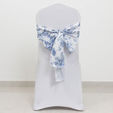 Polyester Chair Sashes White/Blue French Toile Floral Design - Wrinkle-Resistant & Durable Chair Bows for Exquisite Weddings & Banquets 6"x108"