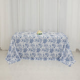 90x132inch White Blue French Toile Polyester Tablecloth, Seamless Floral Rectangle Table Cover