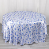 120" White Blue Seamless Satin Round Tablecloth in French Toile Floral Pattern