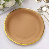 25 Pack | 10 Round Natural Brown Paper Dinner Plates With Gold Lined Rim, Disposable Party Plates