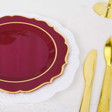 8inch Burgundy Plastic Dessert Salad Plates, Disposable Tableware Round With Gold Scalloped Rim