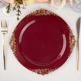 10inch Burgundy Gold Leaf Embossed Baroque Plastic Dinner Plates, Disposable Vintage Round Plates