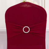 Burgundy Spandex Banquet Chair Cover with Silver Rhinestone Buckled Sash Band, Stretched Fitted Slip