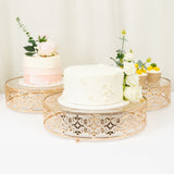 Set of 3 Baroque Ornate Gold Metal Cake Stands with Glass Top, Stackable Round Dessert Display Trays