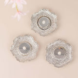 3 Pack | 4inch Shiny Silver Metal Plum Blossom Tealight Candle Holders, Vintage Mini Tea Cup Saucers