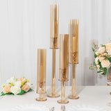 Set of 4 Gold Crystal Glass Hurricane Taper Candle Holders With Tall Cylinder Chimney Tubes