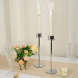 2 Pack | 20inch Silver Metal Clear Glass Hurricane Candle Stands With Glass Chimney Candle Shades