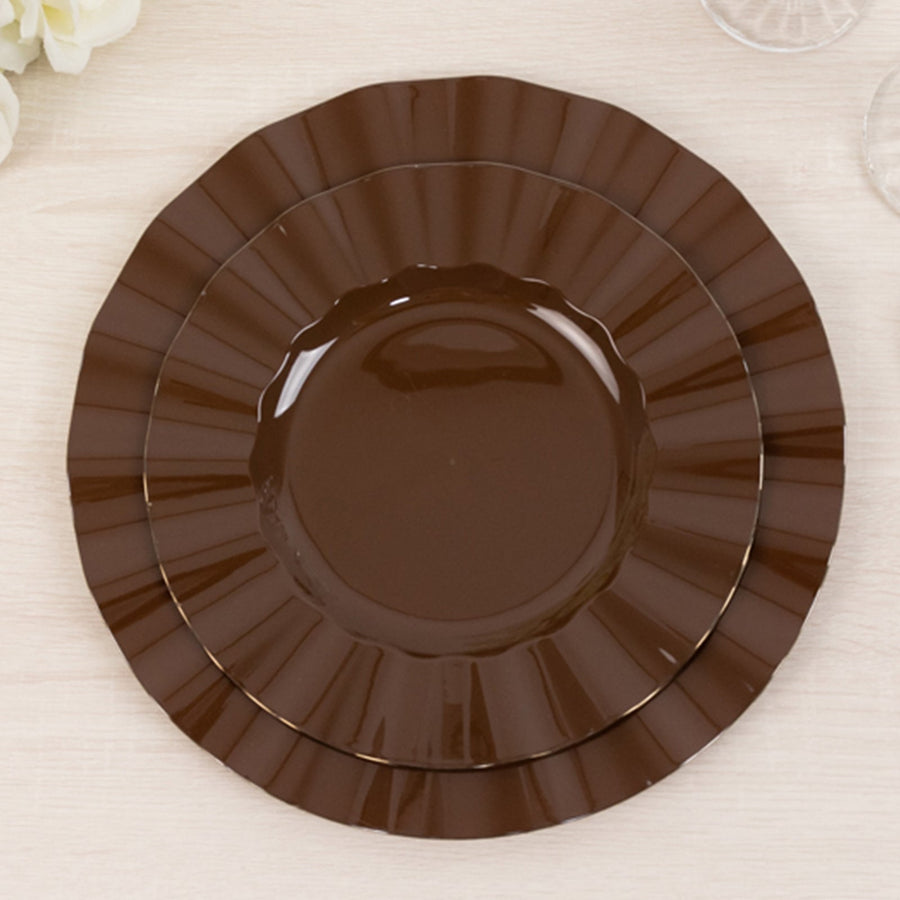 10-Pack Plastic 9" Round Dinner Plates in Cinnamon Brown Ruffled Rim with Gold Edging - Sturdy Disposable Dinnerware