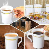 8 Pack 8oz Clear Plastic Coffee Mugs with Gold Stripes, Disposable Tea Cups with Handle - 3.5inch