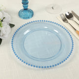 10 Pack Transparent Dusty Blue Plastic Party Plates with Beaded Rim, Round Disposable