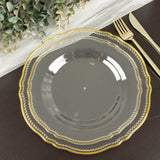 10 Pack | 9inch Clear / Gold Scalloped Rim Disposable Dinner Plates, Plastic Party Plates