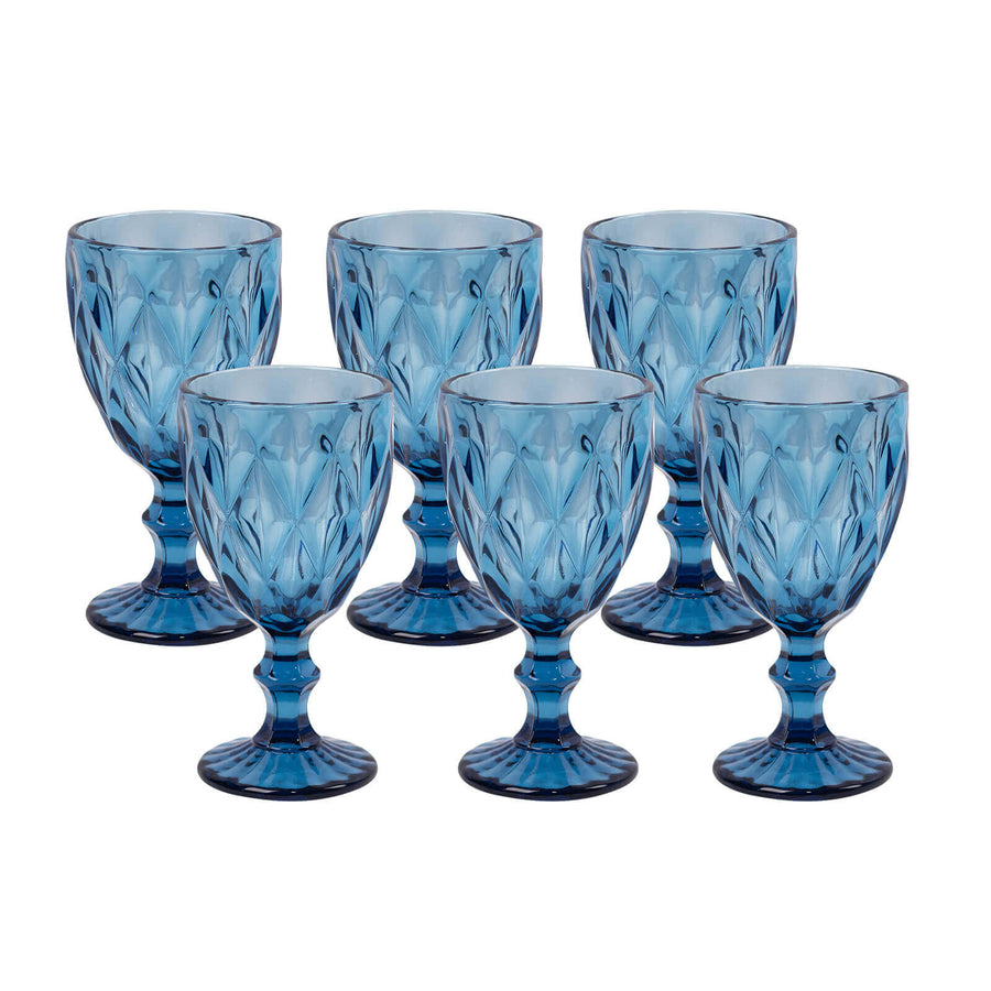Ocean Blue Embossed Crystal Cut Wine Goblets – 6 Pack
