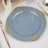 Dusty Blue Gold Leaf Embossed Baroque Plastic Dinner Plates, Disposable Vintage Round Dinner Plates