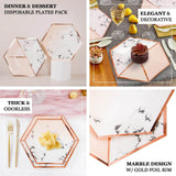 50 Pack | Blush/Rose Gold Marble 10/8inch Paper Plates, Disposable Hexagon Plates With Gold Foil Rim