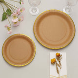 25 Pack | 8 Round Natural Brown Paper Salad Plates With Gold Lined Rim, Disposable Dessert Appetize